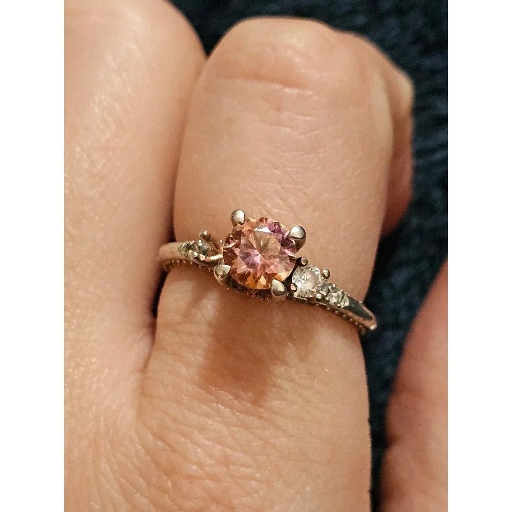 Peach Champagne Stone Three Stone Pavé Band Ring Size 7.75 Vintage Style